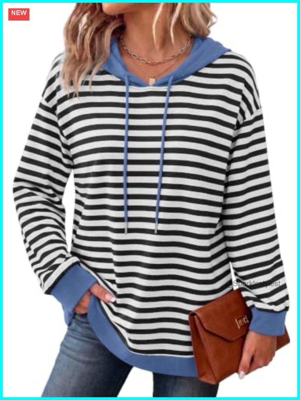 Women Striped Hoodie Long Sleeve Oversized Pullover Sweatshirt